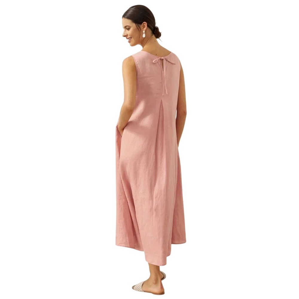 Lintico Women's Pink 100% Linen Tie Back Sleeveless Midi Lagenlook Dress Size M - Picture 2 of 6